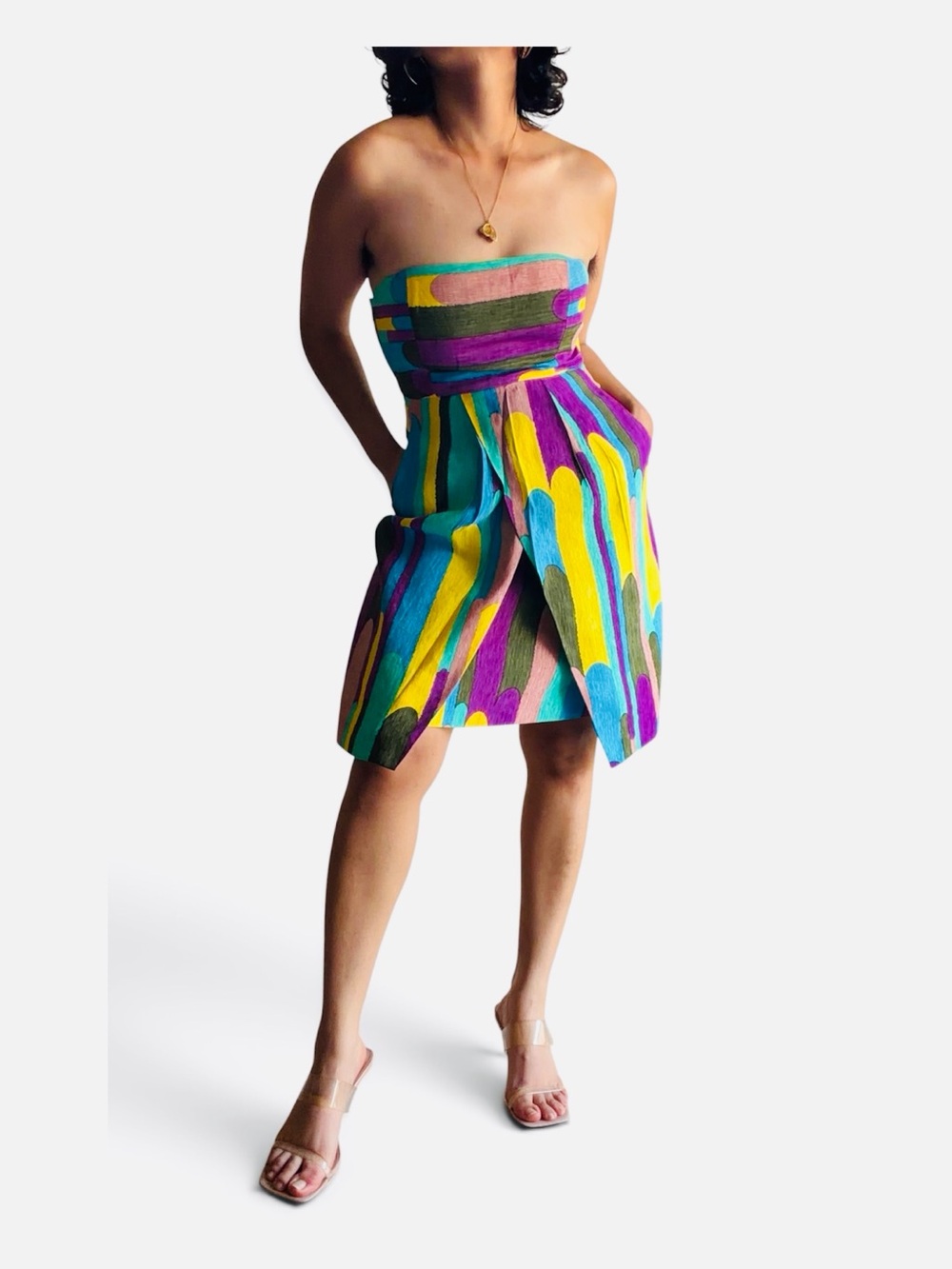 ★ Tibi Strapless Silk/Linen Colorful Abstract Print Designer Mini Dress 2 ★